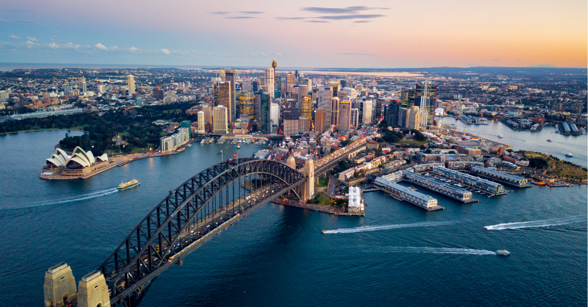 Aerial view of the Sydney Harbour Bridge, during sunset