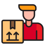 Icon of a person next to a moving box with an upward arrow, representing moving services