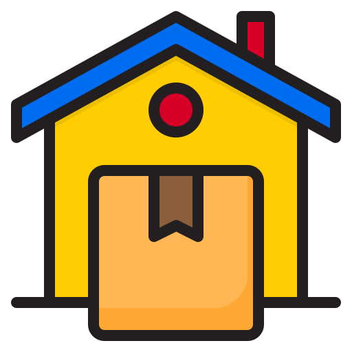 Icon of a house with a package in front, representing home and residential removal services.