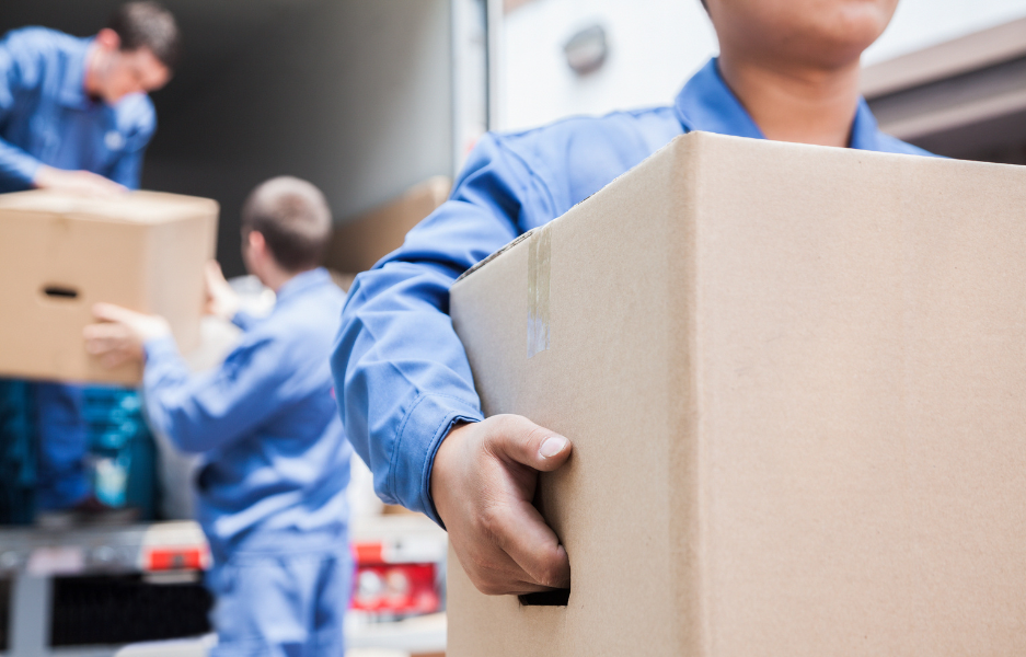 Three removalist workers in blue uniforms carrying cardboard boxes from a moving truck